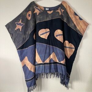 VINTAGE Batik Poncho Tunic Blouse Cover-Up & Scarf Set Lagenlook Wearable Art OS